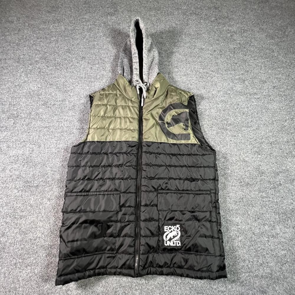 Ecko Unltd. Puffer Vest Jacket Mens M Black Cotton Hooded Hiking Gorpcore Zip-Up